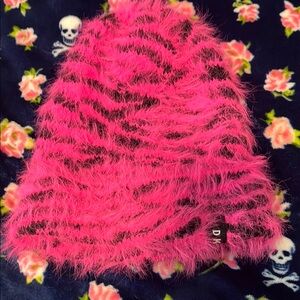 DKNY Hot Pink and Black Fuzzy Beanie